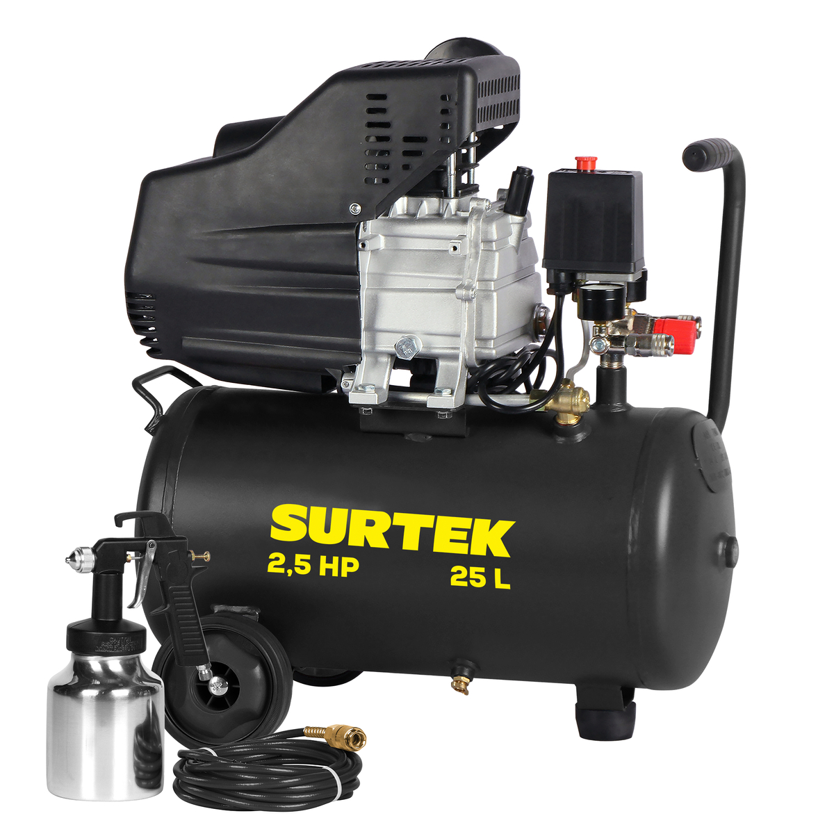 Compresor de aire eléctrico lubricado con pistola y manguera 25 Lt 2.5 HP, 120 V Surtek CMP525K