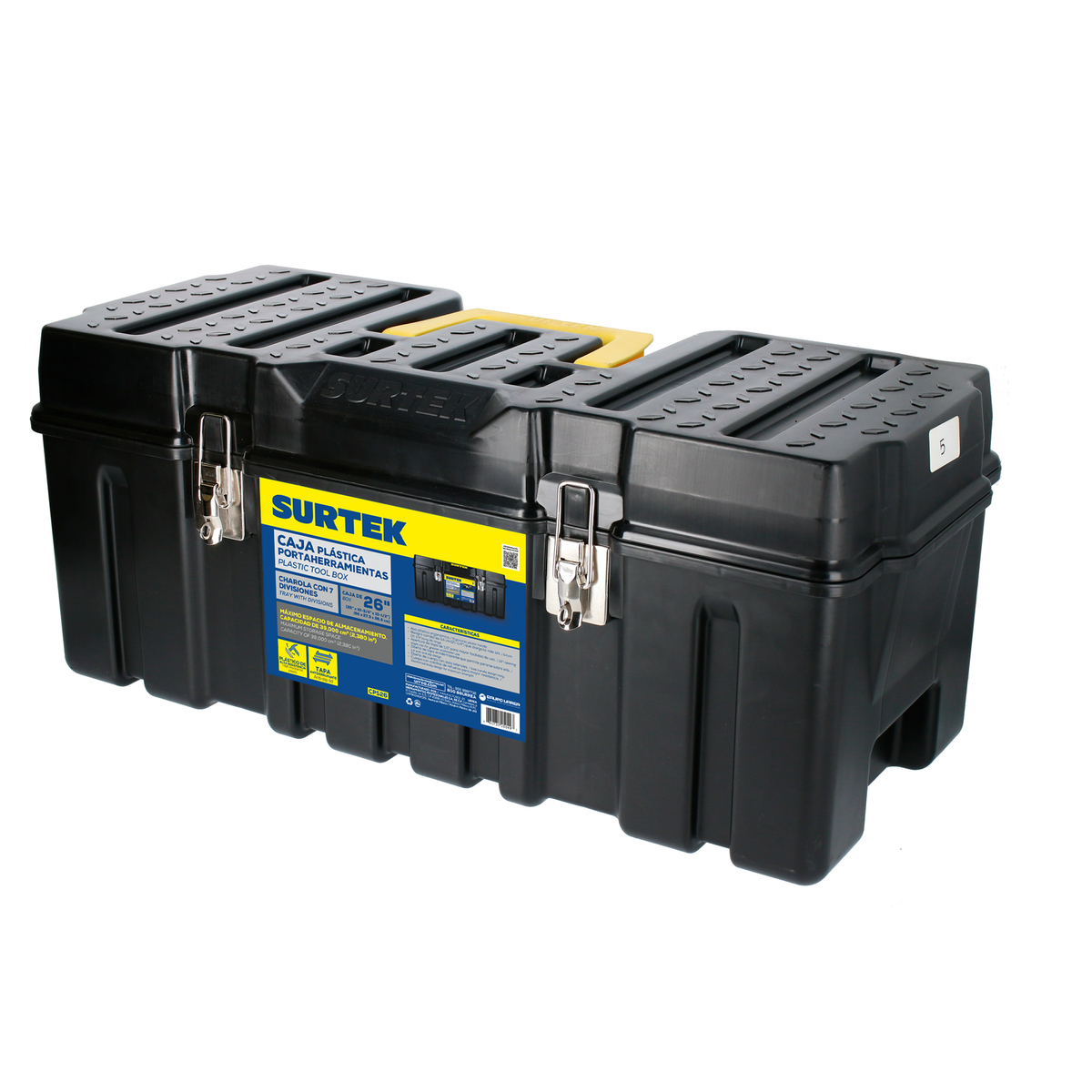 Caja portaherramientas plástica con broches metálicos color negro 26" x 10" x 10" Surtek