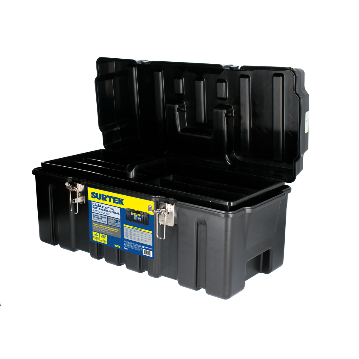 Caja portaherramientas plástica con broches metálicos color negro 26" x 10" x 10" Surtek