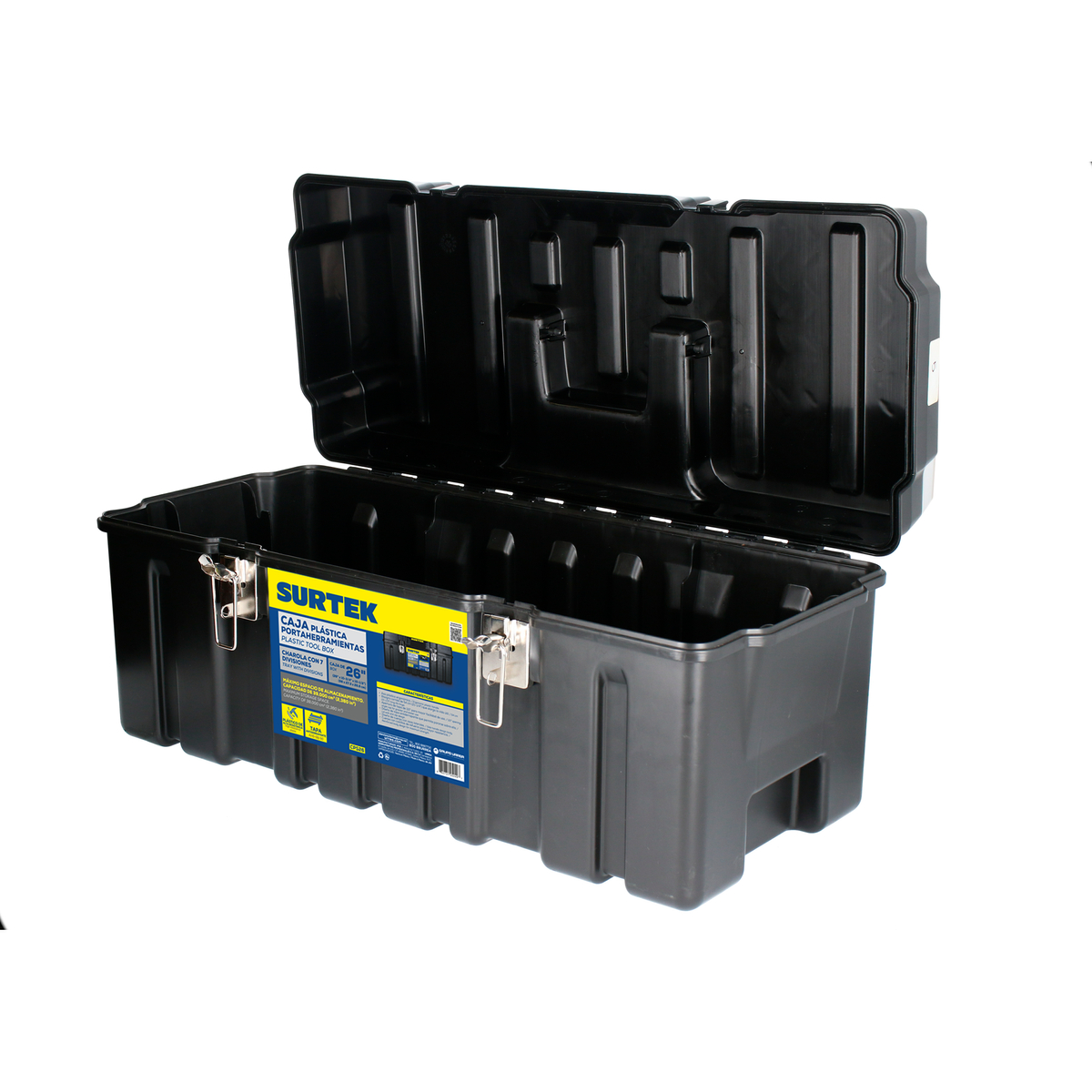 Caja portaherramientas plástica con broches metálicos color negro 26" x 10" x 10" Surtek