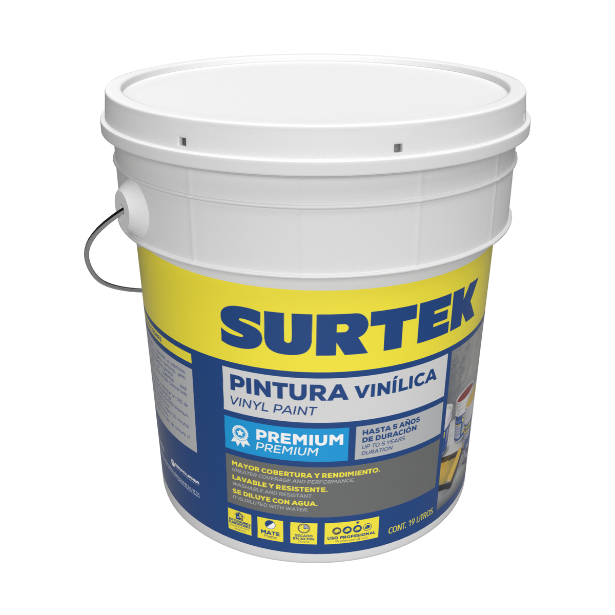 Cubeta de pintura vinílica premium 19 Lt color amarillo intenso Surtek PVPAM