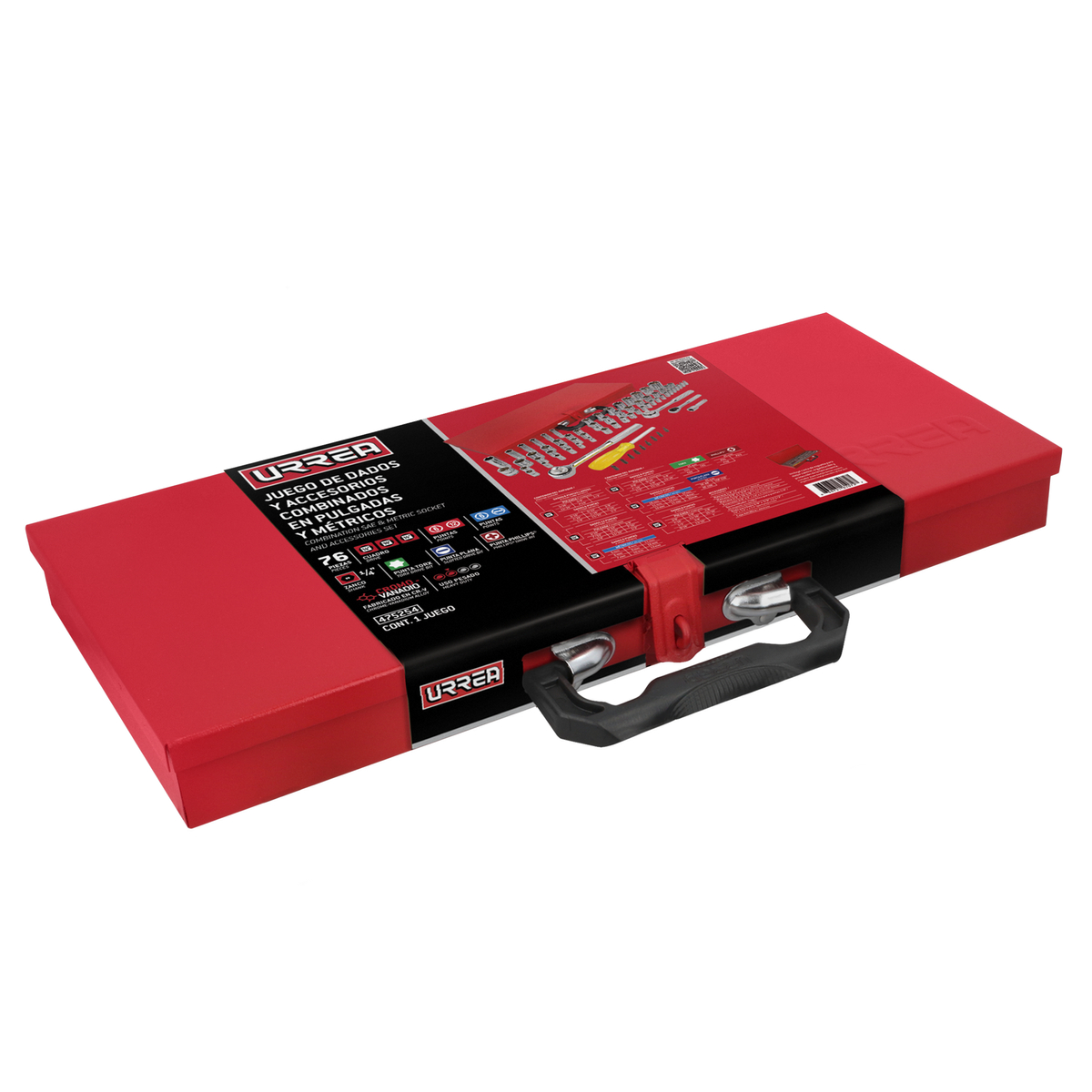 Juego de dados y accesorios cuadro de 1/4", 3/8" y 1/2" combinado, 76 piezas Urrea