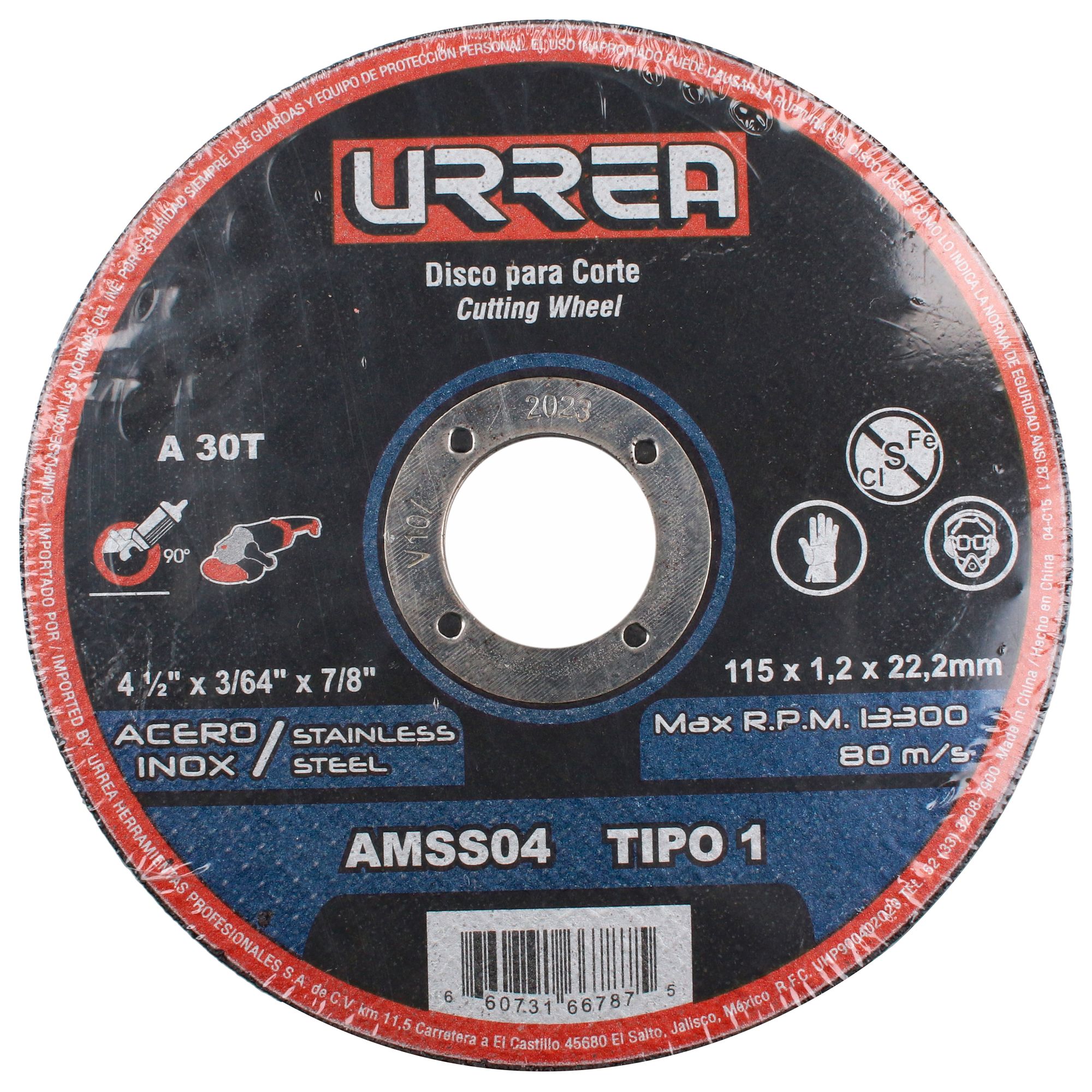 Disco abrasivo tipo 1 para acero inoxidable, 13 300 RPM, 4-1/2" x 3/64" Urrea — Paquete de 5 piezas