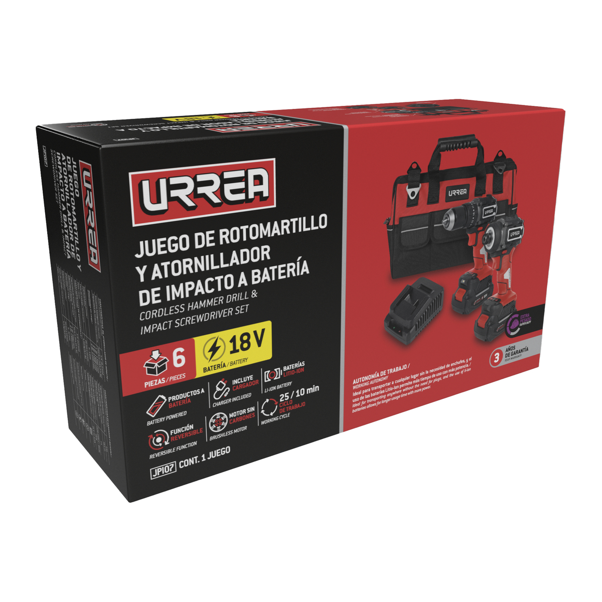 Juego de rotomartillo y atorni llador de impacto a batería Li -ion 18 V, 3 piezas en maleta Urrea